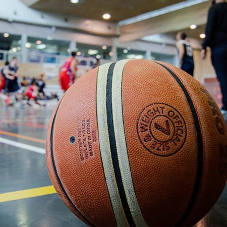 a basketball on a gym floor